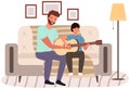 Musician teaches child to make songs. Guitar and music lesson. Dad and son playing together