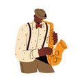 Musician, trumpet player plays on wind music instrument. Jazz man in hat performs on saxophone. Saxophonist blowing in