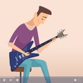Musician tv show. Live stream, guy teaching guitar playing. Blogger or composer, online video music vector illustration