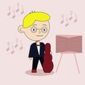 Musician with a violin in a red bow tie performer violinist, cartoon man in a suit and glasses