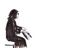 musician woman accompanist on the piano, black and white drawing, graphic sketch Royalty Free Stock Photo