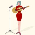 Woman musician in red dress character with guitar and microphone. Nice vector illustration. Royalty Free Stock Photo