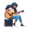 Musician woman playing guitar acoustic vector illustration, female guitarist performing music, String instrument player design Royalty Free Stock Photo