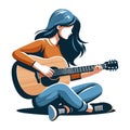 Musician woman playing guitar acoustic vector illustration, female guitarist performing music, String instrument player design Royalty Free Stock Photo