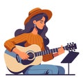 Musician woman playing guitar acoustic vector illustration, female guitarist performing music, String instrument player design Royalty Free Stock Photo