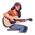 Musician woman playing guitar acoustic vector illustration, female guitarist performing music, String instrument player design Royalty Free Stock Photo