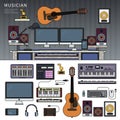 Musician workspace with musical instruments, sound recording studio