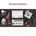 Musician workspace vector flat illustrations. Musician working cabinet with digital equipment. Sound art concept