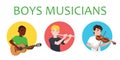 Musicians boys of different nations is inspired to play musical instruments. Violinist, flutist, guitarist. Vector