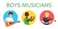 Musicians boys is inspired to play different musical instruments. Violinist, flutist, guitarist. Vector illustration in