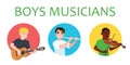 Musicians boys is inspired to play different musical instruments. Violinist, flutist, guitarist. Vector illustration in