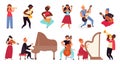 Musicians characters. Flat pop star, young people band. Cartoon guitarist, jazz concert and singer. Isolated music