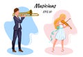 Musicians characters. Violinist and trombonist. Cartoon style.