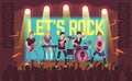 Musicians on concert. Rock band and pop musicians, sound equipment and musical instruments, guitarists and drummer on