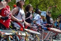 Musicians at the festive celebration of the May Day Parade at Washington Square Park in NYC, USA