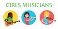 Musicians girls of different nations is inspired to play musical instruments. Violinist, flutist, guitarist. Vector