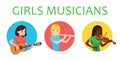 Musicians girls is inspired to play different musical instruments. Violinist, flutist, guitarist. Vector illustration in