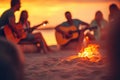 Musicians at the guitar over a campfire at dusk at the beach. Generative AI Royalty Free Stock Photo