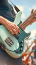 Musicians hands strum green bass guitar, captivating concert audience Royalty Free Stock Photo