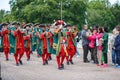 Musicians of the Imperial wind orchestra playing in the Peterhof park. Saint Peterbug, Russia.