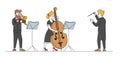 Musicians with Instruments and Conductor Characters Perform on Stage with Cello and Trumpet. Symphony Orchestra