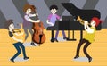 Musicians Jazz group ,Play guitar,Saxophoneist;trumpet player; guitarist, drummer, solo guitarist, bassist. Jazz band.Vector illus Royalty Free Stock Photo