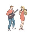 Musicians man and woman. Guy in jeans playing guitar girl singing into microphone. Vector illustration in line art style