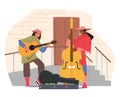 Musicians Perform Outdoor Show On City Street Playing Guitar And Double Bass For Pedestrians Vector Illustration