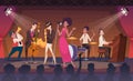 Musicians. Performance jazz band on promo stage music concert exact vector cartoon background Royalty Free Stock Photo