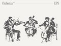 Musicians performing on violins and cello at orchestra concert. Hand drawn vector illustration. Royalty Free Stock Photo