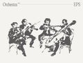 Musicians performing on violins and cello at orchestra concert. Hand drawn vector illustration. Royalty Free Stock Photo