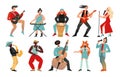 Musicians. Rock band, pop musician. Music instruments guitarists drummers, singers artists with microphones, cartoon Royalty Free Stock Photo