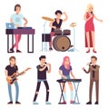 Musicians. Rock and pop musicians with microphones, guitarists and drummers, vocalists musical performance, vector