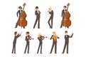 Musicians of symphonic orchestra and conductor, people playing various musical instruments vector Illustration on a Royalty Free Stock Photo