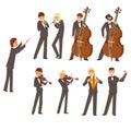 Musicians of symphonic orchestra and conductor, people playing various musical instruments vector Illustration on a Royalty Free Stock Photo