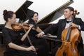 Musicians of the symphony orchestra. A young violinist and cellist play, the pianist accompanies them