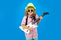 Musik education. Portrait of cute child boy at guitar practice. Funny rock child with guitar. Royalty Free Stock Photo