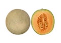 Musk melon honey melon or cantaloupe with full and sliced with seeds isolated on white background.