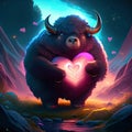Musk Ox hugging heart Illustration of a bull with a heart in his hands. Valentine\'s Day. generative AI animal ai