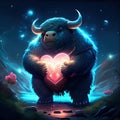 Musk Ox hugging heart Illustration of a bull with a heart in his hands. Valentine\'s Day. generative AI animal ai