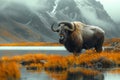 A Muskox bull standing in a mountain lakes water in a highland ecoregion Royalty Free Stock Photo