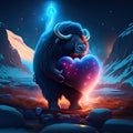 Muskox hugging heart Black bull with big heart in his hands, 3d illustration. generative AI animal ai