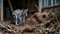 Musky rat-kangaroo exploring shady compost corner Royalty Free Stock Photo