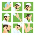 Muslim ablution, purification guide. Step by step position using water. Royalty Free Stock Photo