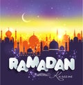 Muslim abstract greeting banners. Islamic vector illustration at sunset. Arabian Ramadan Kareem.