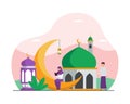 Muslim activity in ramadan month tiny people vector flat illustration concept with mosque and asia arabic culture landscape