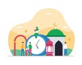 Muslim activity waiting for iftar time in ramadan month tiny people vector flat illustration concept with mosque and asia arabic