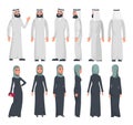 Muslim arab characters in flat style  on white background. Set of Arab man and women with different emotions and poses. Royalty Free Stock Photo