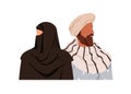 Muslim Arab couple. Arabian man in turban, woman in hijab. Arabic people in headscarf. Islamic family, male and female