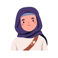 Muslim Arab girl, wearing hijab, headscarf. Happy cute Arabian Islamic child in headwear portrait. Moslem kid smiling